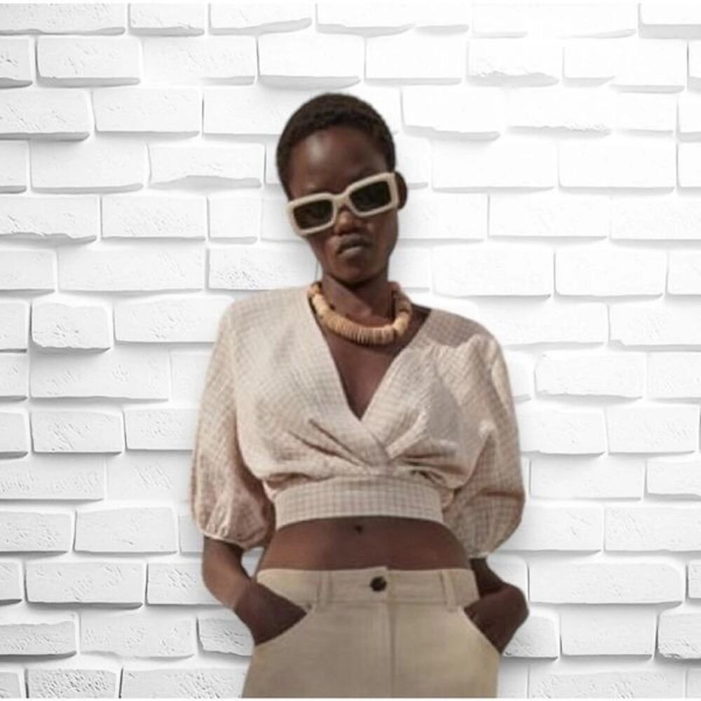 ZARA Textured Plaid Puff Sleeve Crop Top V-Neck Blouse Beige Pink Size Medium